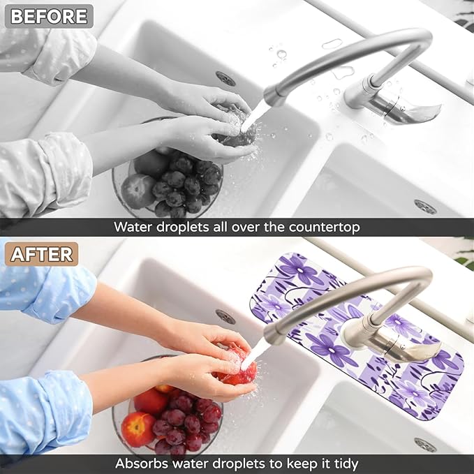 Purple Floral Stripe Kitchen Faucet Mat Splash Guard, 15.4”x5.7” Absorbent Quick Drying Sink Mat for Countertop Protection, Draining Mat Sink Protectors For Kitchen Bathroom, 2 Pack