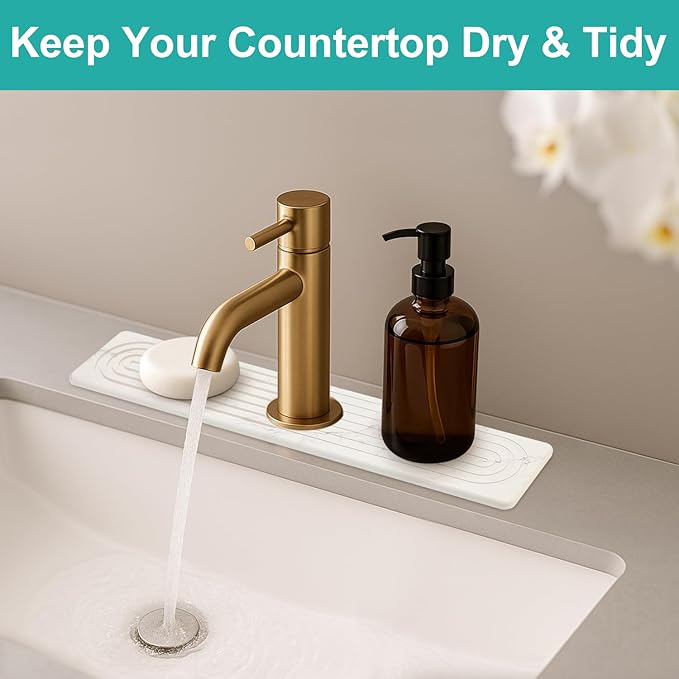 Small White Marble Stone Faucet Mat for Kitchen Sink Water Absorbing Durable Protector for Bathroom Counter Diatomite Quick Drying Stone Tray Sink Splash Guard Kitchen Counter Accessories
