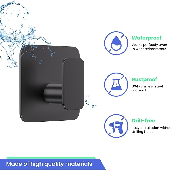 Black Hooks for Hanging Heavy Duty, Adhesive Hooks for Shower, Bathroom, Kitchen, Robe, Towel, Coat, Waterproof & Rustproof Hook for Walls No Damage, Sticky Wall Towel Hooks - 4 Pack
