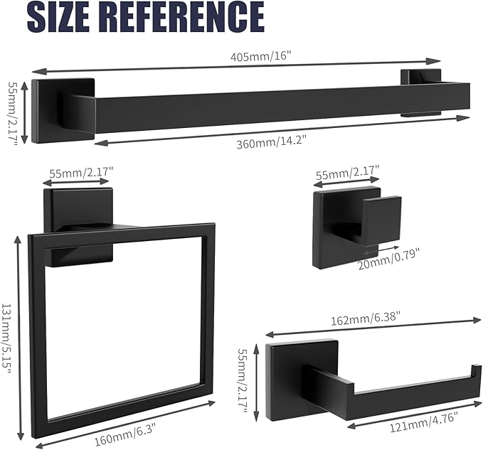 Bathroom Hardware Accessories Set: 5-Pieces Bath Towel Bar Set, Towel Racks for Bathroom Wall Mounted, SUS304 Stainless Steel, Matte Black