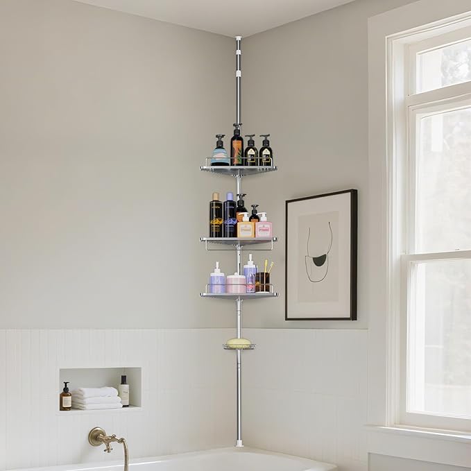 Corner Shower Caddy Tension Pole 59-110 in 4 Tier Rustproof Floor to Ceiling Shower Caddy - Stainless Steel Corner Caddy Shelf for Bathroom Bathtub, Shelves Tension Pole with 3 Towel Bars and 3 Hooks