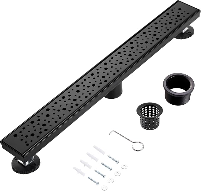 24 Inch Linear Shower Drain, Matte Black Shower Drain,Removable Grate, 304 Stainless Steel, Easy to Install and Clean for Bathrooms (Drain Base Not Included), LSD-19A-24B