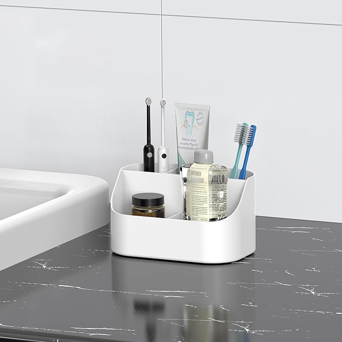 Countertop Toothbrush Holders for Bathrooms, Plastic Toothpaste and Electric Tooth Brush Holder Storage Caddy Stand for Shower, 5 Slots Cute Kids Bathroom Counter Organizer for Vanity, White
