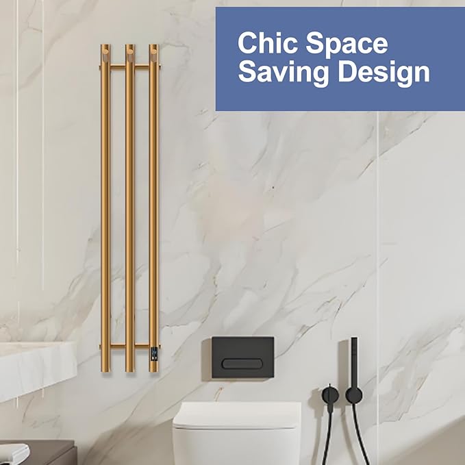 Electric Heated Towel Rack with Timer, Wall-Mounted Towel Warmer, 3 Vertical Bars, Silver, Plug-in or Hardwired, 37.4 Inch Height, Round Design (Gold)