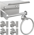 1pcs Toilet Paper Holder with Shelf, 1pcs Towel Ring and 4pcs Towel Hooks, Brushed Nickel Stainless Steel Bathroom Hardware Set