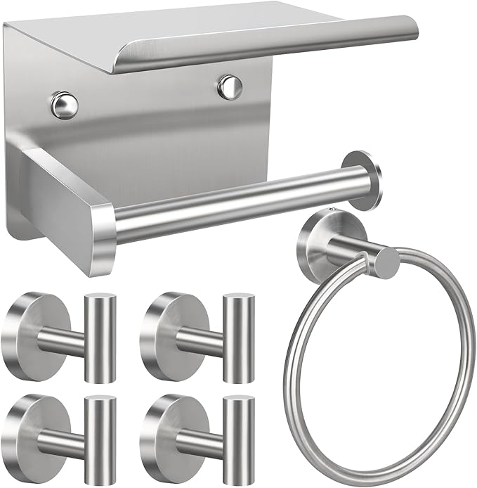 1pcs Toilet Paper Holder with Shelf, 1pcs Towel Ring and 4pcs Towel Hooks, Brushed Nickel Stainless Steel Bathroom Hardware Set