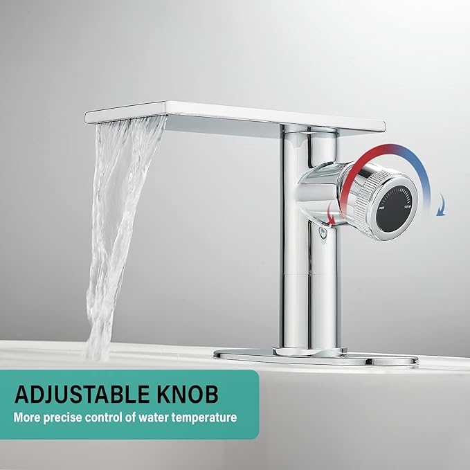 becola Modern Chrome Bathroom Faucet， Waterfall Faucet for Bathroom Sink， Single Hole Bathroom Sink Faucet Cold and Hot Basin Mixer Tap， Single Handle Bathroom Faucet with Adjust Knobs and Deck Plate