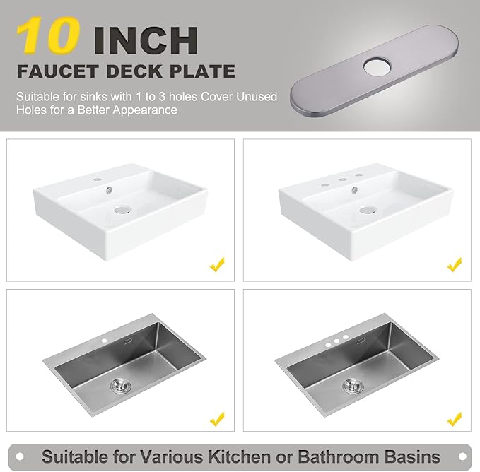 10" Sink Faucet Hole Cover Deck Plate (Arc Edge) for Kitchen & Bathroom Vanity Sink, Faucet Brushed Nickel Escutcheon Plate Stainless Steel Outside Faucet Cover Cap for 1 or 3 Hole Mixer Tap