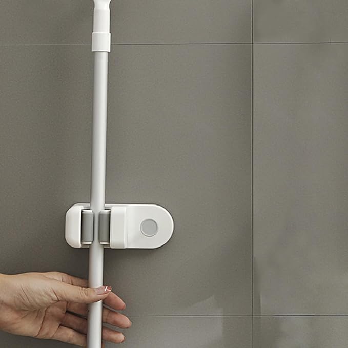 So Nice Mop and Broom Holder (No Drill & Strong Adhesive) Wall Mount with Key Hook, All-in-One Organizer for Bathroom & Kitchen (Holds Towels & Sponges), Fits 0.75-1.2 Inch Handles, White