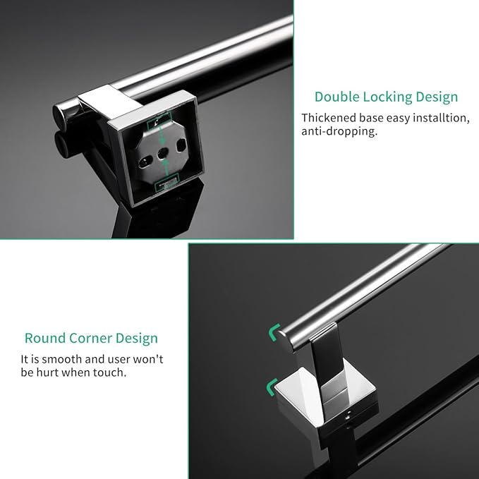Miyili 4-Pieces Polished Stainless Steel Bathroom Hardware Set Wall Mounted - Includes Double Towel Bar, Hand Towel Rack, Toilet Paper Holder, Robe Hook, BS02C4