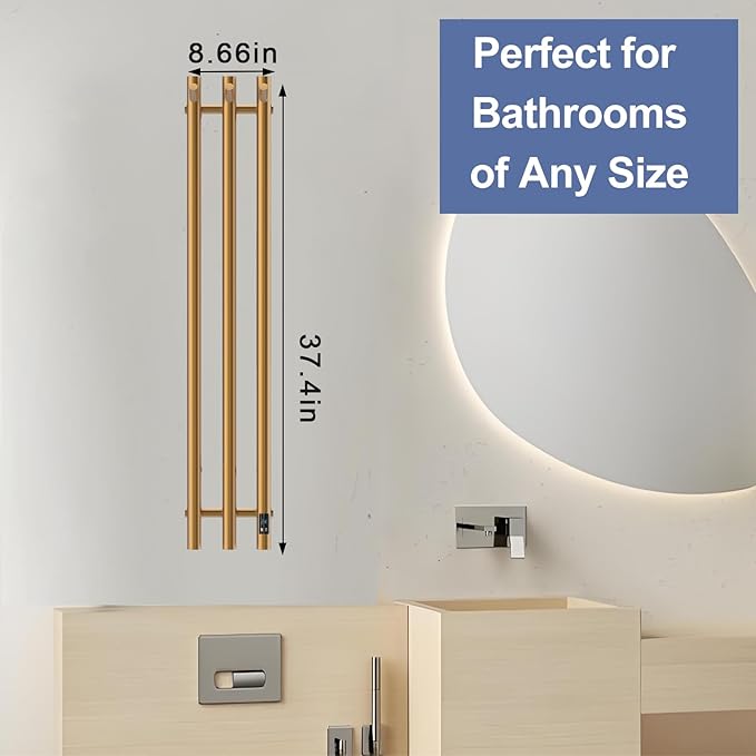 Electric Heated Towel Rack with Timer, Wall-Mounted Towel Warmer, 3 Vertical Bars, Silver, Plug-in or Hardwired, 37.4 Inch Height, Round Design (Gold)