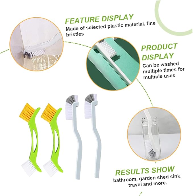 4pcs Tile Line Cleaning Brush with Double Head Corner and Bottle Brushes Plastic Bristles Curved Handle Design for Kitchen Sink Dishwashing and Grout Cleaning
