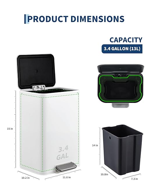Garvee Space-Saving Bathroom Trash Can, 3.4 Gallon Small Trash Can with Soft-Close Lid, Foot Pedal & Removable Inner Bucket, Rectangular Stainless Steel Garbage Can for Home, Office, White