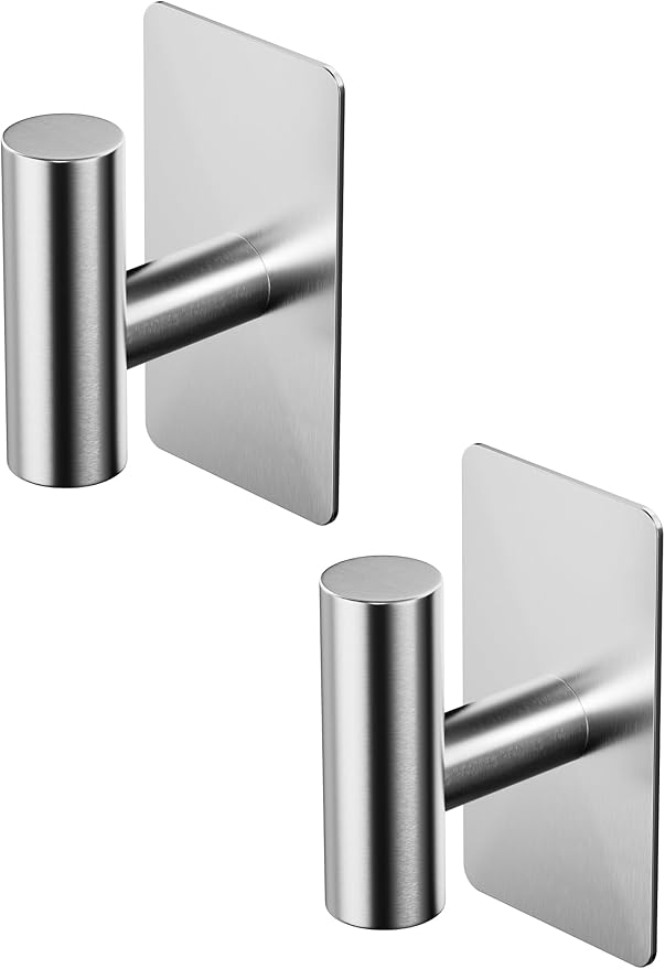 Towel Hooks for Bathrooms – 2 Pack, Brushed Silver Finish, T-Shaped Stainless Steel Adhesive Wall Hooks for Robes & Towels in Kitchen, Shower, or Closet