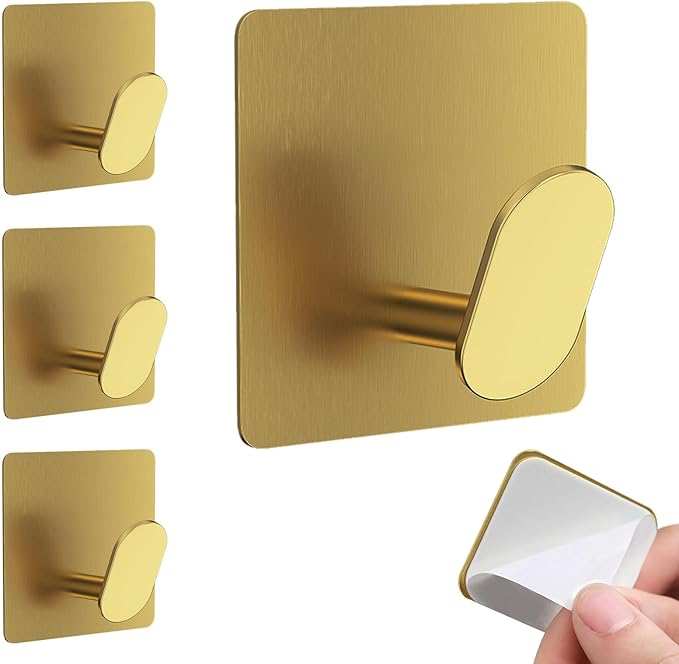 Gold Adhesive Hooks for Wall Hanging - Fit for Coat Door Towel Hooks for Bathrooms Decorative Kitchen Shower Glass Wall 304 Stainless Steel Robe &Towel Hooks Brushed Gold 4 Packs
