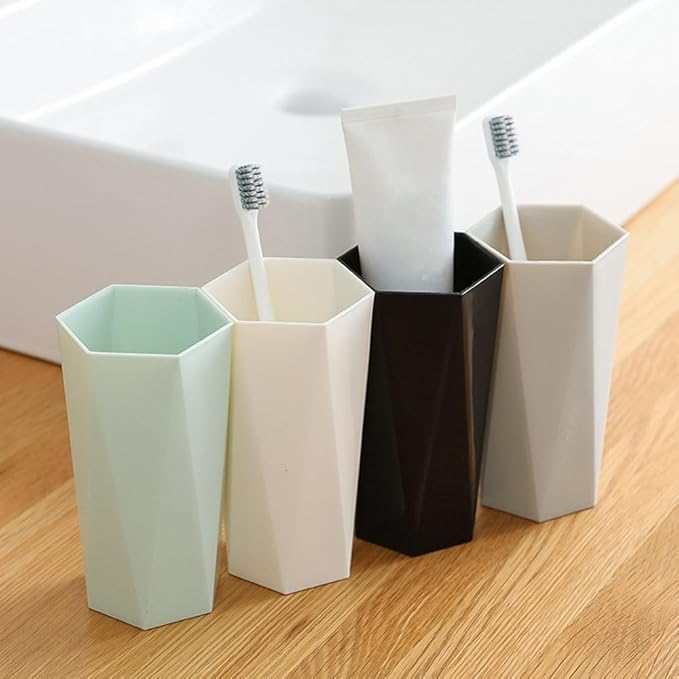 RabyLeo-Bathroom Cups 2Pieces, Plastic Toothbrush Holder, Tumbler Cup, Geometric Rhombus Mouth Cup, 400ml, (Grey & Green)