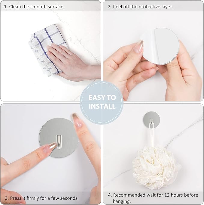 VIS'V Adhesive Hooks, Small Metal Shower Wall Stick on Hooks, Waterproof, 2 Extra Adhesive Strips, Round, Silver, 4 Pcs