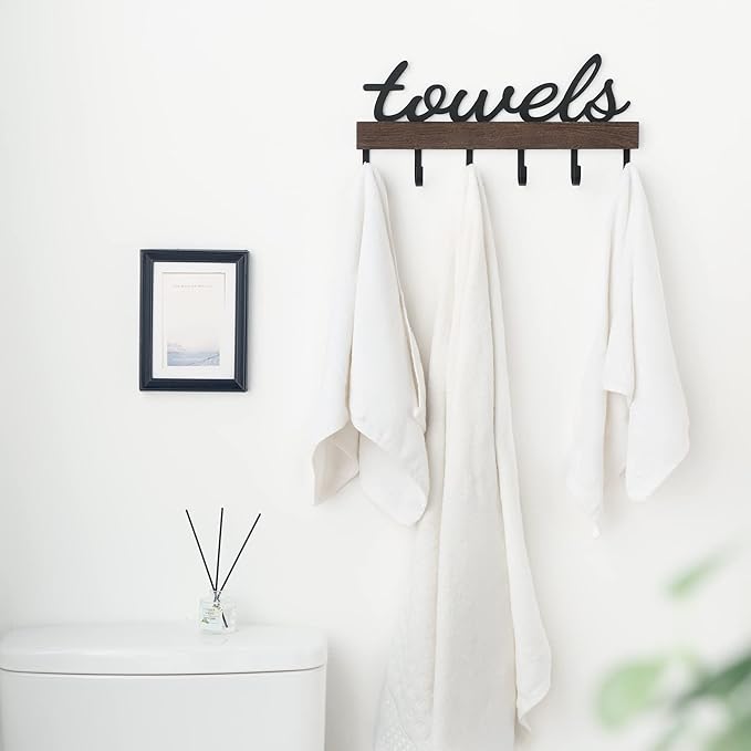 Dahey Small Towel Rack with 6 Hooks, Towel Holder Wall Mount Bathroom Organizer Rustic Farmhouse Home Decor Hanger Storage Hooks for Towel, Robe, Bag, Brown