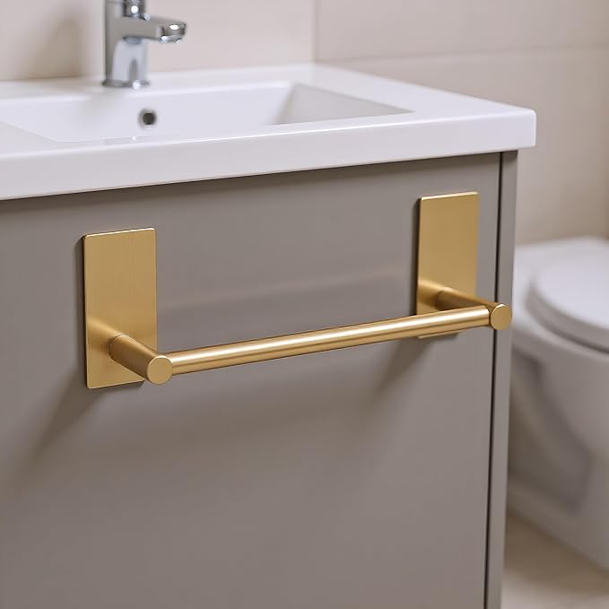 Songtec Gold Towel Bar 12-Inch, Adhesive Stick On Bath Towel Rack No Drill, Strong Adhesion Tape Mount Towel Holder, Stainless Steel - Brushed Gold