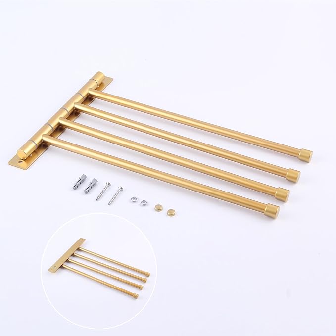 GERZWY Wall Mount Bath Towel Rack with 4 Arms Hanger Towel Holder Bathroom Swing Arm Towel Bars Organizer Stainless Steel Gold Finished HYG04-BE