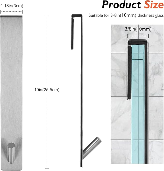 Shower Door Hooks(10 Inch),Extended Over Door Hooks for Bathroom Frameless Glass Shower Door,Stainless Steel Towel Hooks,Heavy Duty Rack Hooks for Robe,Towel-3 Pack-Silver