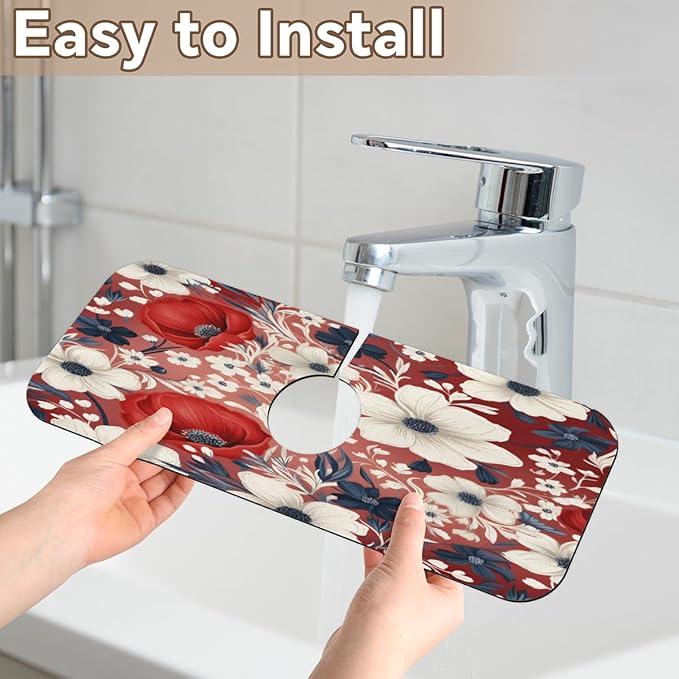Red White Floral Bliss Kitchen Faucet Mat Splash Guard, 15.4”x5.7” Absorbent Quick Drying Sink Mat for Countertop Protection, Draining Mat Sink Protectors For Kitchen Bathroom, 1 Pack