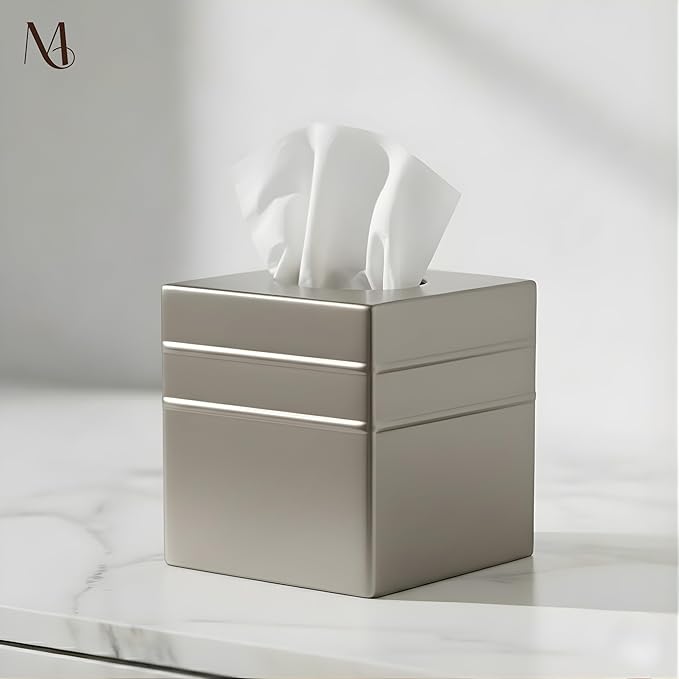 Monarch Abode Tissue Box Cover Square – Handcrafted Border Embossed Pewter Metal Tissue Holder Box for Bathroom Accessory, Aesthetic Decorative Facial Napkin Cube for Modern Home Decor