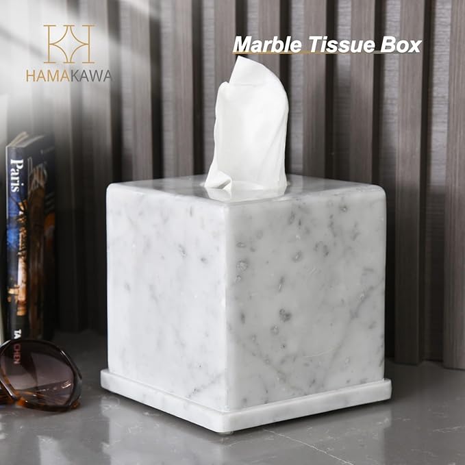 Natural Marble Tissue Box Cover, Carrara White Tissue Organizer 6 x 6 x 5.7 inch, Heavy Stone Decorative Box, Square Tissue Box Holder for Home Decor, Kitchen, Bathroom