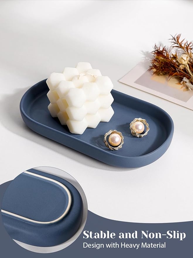 INGOFIN 7" Ceramic Bathroom Vanity Tray- Bathroom Organizer Countertop Tray for Perfume, Jewelry, Candles, Small Kitchen Counter Soap Tray, Decorative for Bathroom Vanity, Toilet Tank, Blue