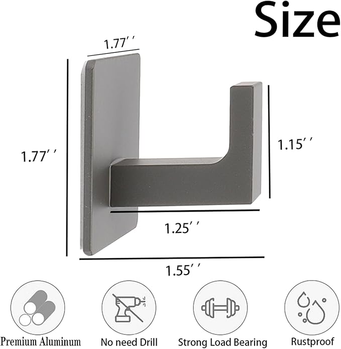 Bath Towel Hooks, 6 Pack Self Adhesive Square Coat Hooks, Sturdy No Drilling Robe Hook, Heavy Duty Aluminum Clothes Hanger, Wall Hooks for Bathroom Bedroom Kitchen (2 in, Grey)