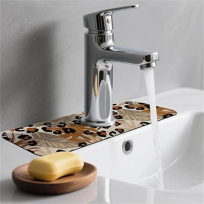 Kitchen Sink Splash Guard，Tropical leaves leopard print Faucet Mat Sink Gadgets-Super Absorbent Fast Drying Mat Drip Catcher for Kitchen, Bathroom,Sink Mat, Dish Drying Mat, Bathroom(15" X 5.5" )