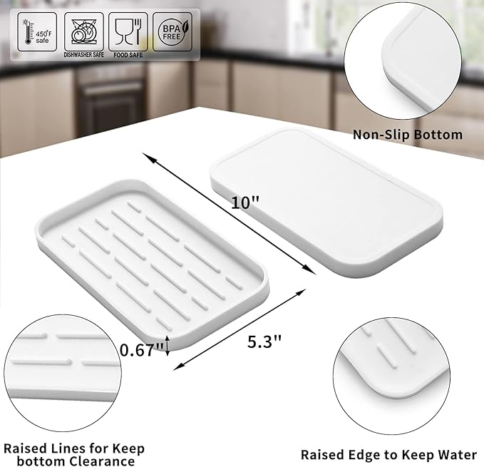 Silicone Kitchen Sink Organizer Tray for Multiple Usage,Eco-Friendly Sponges Holder for Kitchen Bathroom Counter or Sink,Dish Soap Dispenser,Scrubber,Bottle,Cup (White, 10"×5.3")