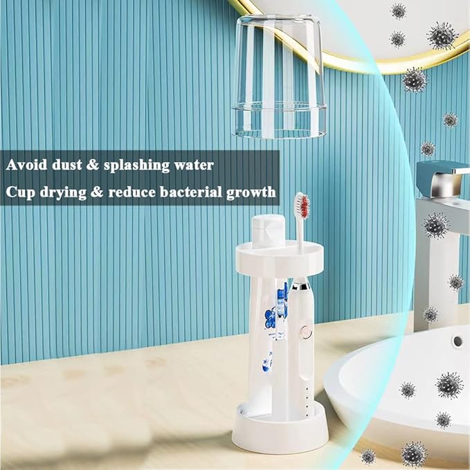 1 Pack Toothbrush Holder Stand with Cover/Cup & 2 Slots, Height Adjustable Electric Toothbrush Holders for Bathrooms, Compatible with Toothpaste, Conventional or Electric Toothbrushes Storage