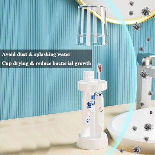 1 Pack Toothbrush Holder Stand with Cover/Cup & 2 Slots, Height Adjustable Electric Toothbrush Holders for Bathrooms, Compatible with Toothpaste, Conventional or Electric Toothbrushes Storage
