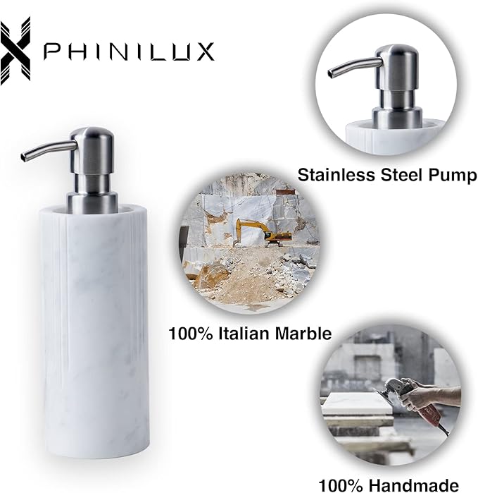 Luxurious White Marble Soap Pump Dispenser for Countertop, Bathroom & Kitchen, Hand or Dish Liquid Soap/Lotion 304 Steel Pump Bottle, Italy Carrara, Vanity