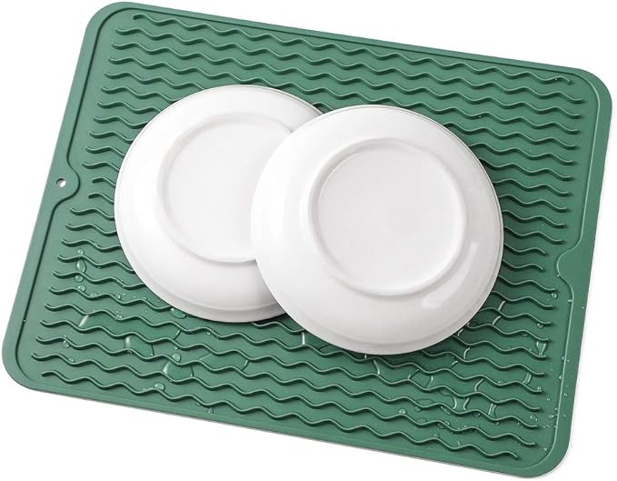 Silicone Dish Drying Mat for Multiple Usage,Easy clean,Eco-friendly,Heat-resistant Silicone Mat for Kitchen Counter or Sink,Refrigerator or drawer liner Green L 16 inches x 12 inches