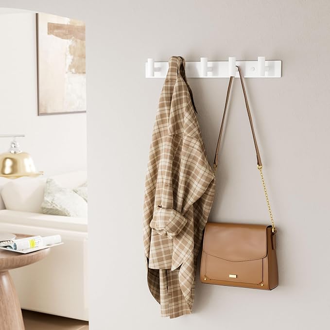 White Wall Mounted Coat Rack – 5 T-Shaped Pegs for Hats, Bags & Towels, Heavy-Duty Metal Rail for Entryway, Bathroom, Closet, Bedroom (1 Pack)