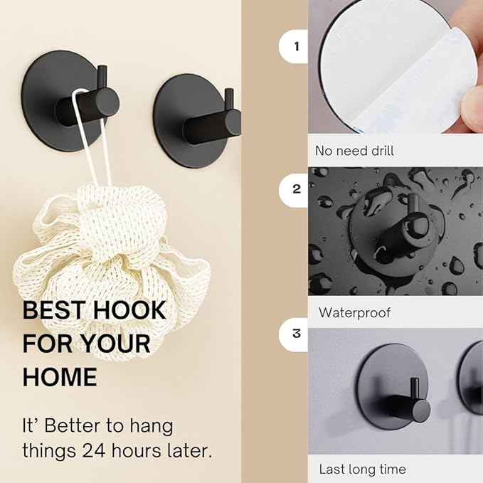 Miliocry 6 Packs Bathroom Towel Hooks, Adhesive Hooks Heavy Duty Wall Hook, Waterproof Stainless Steel Towel Hanger Robe Hat Coat Holder, Wall Mount Hooks for Bathroom,Bedroom,Kitchen(Black-Round)