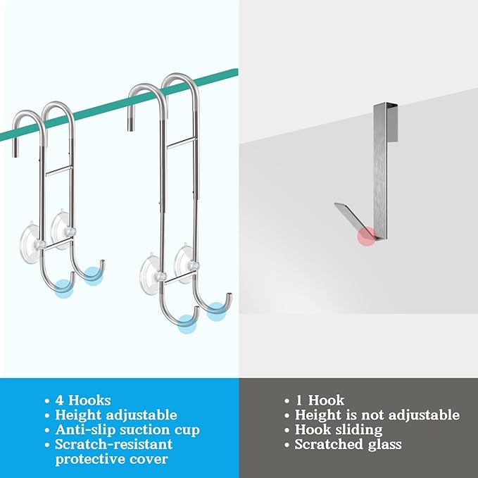 Shower Door Towel Hooks (2-Pack), 9"~13" Length Adjustable Hook for Framed & Frameless Over The Door Glass, Squeegee Holder, Towels Hanger for Bath Suits Rozer Robes Loofahs Shavers, Silver