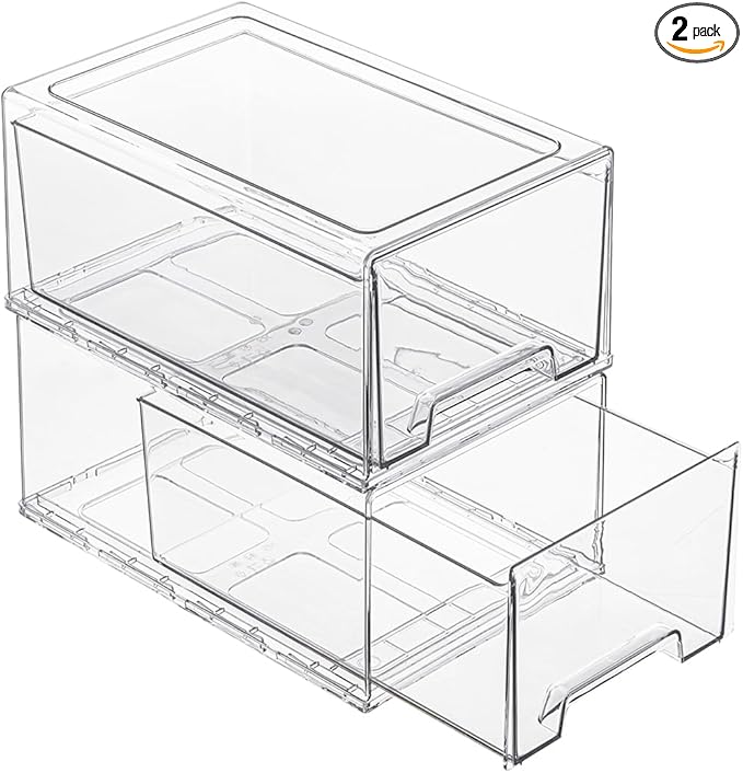2 Pack Stackable Storage Drawers, Plastic Clear Organizer Bins with Handles for Undersink, Kitchen Cabinet, Fridge, Closet, Pantry, Office, Bathroom