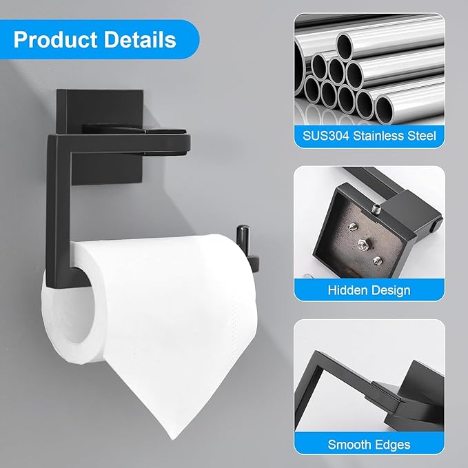 YACVCL Matte Black Toilet Paper Holder, Bathroom Toilet Roll Holder, Stainless Steel Modern Square Tissue Roll Holders Wall Mounted for Bathroom Kitchen Washroom