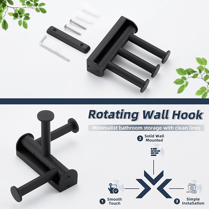 APLusee Swivel Towel Hook 3 Arms Matte Black, 304 Stainless Steel Foldable Coat Hanger Bathroom Robe Towel Hook, Wall Kitchen Storage Holder