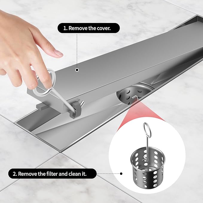 Linear Shower Drain, 304 Stainless Steel with Adjustable Leveling Feet, Hair Strainer,Reversely Install Place to Create an Invisible Floor Drain - Silver -54-Inch