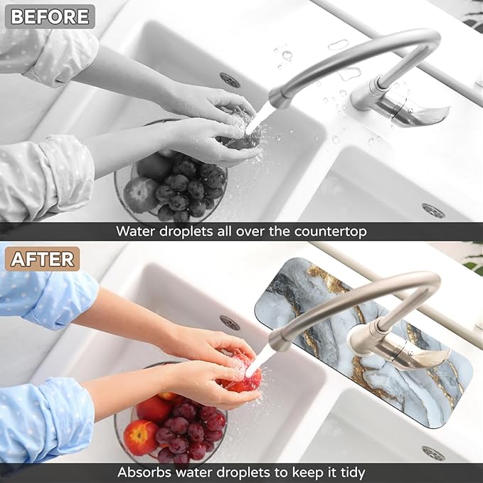 Kitchen Sink Splash Guard Faucet Mat - 1PC White Marble Super Absorbent Fast Drying Faucet Guard & Draining Mat Sink Splash Guard Behind Faucet Drip Catcher for Kitchen Bathroom RV (15.4" X 5.7" )