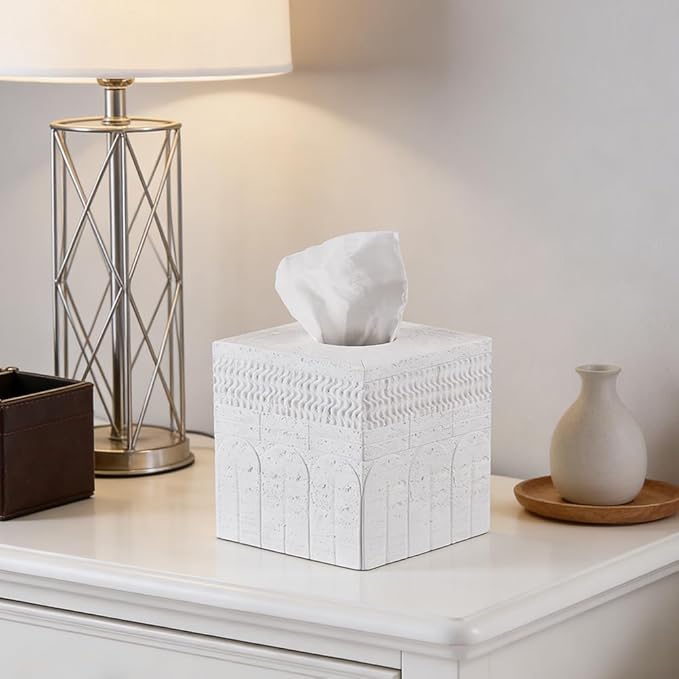 White Tissue Box Cover – Classic Carved Square Resin Tissue Box Holder – Heavy Duty Decorative Home & Bathroom Decor for Countertop, Tabletop, Night Stand, Office