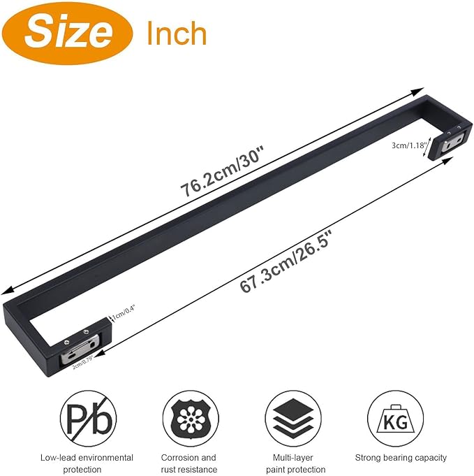 TocTen Bath Towel Rack - Square Base Thicken SUS304 Stainless Steel Towel Bar for Bathroom, Bathroom Bar Accessories Towel Rod Heavy Duty Wall Mounted Towel Holder (Matte Black, 30 Inch)