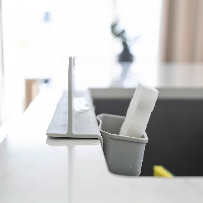 Silicone Sink Splash Guard with Sponge Holder -19.5" x 4.5" x 2.5", Sink Silicone Splash Guard - Strong Suction - Sink Edge Protectors for Kitchen Sink - Farmhouse Kitchen Sink Splash Guard - Gray