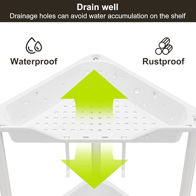 Orimade Rustproof 3 Tier Floor Standing Corner Shower Caddy Organizer, Plastic Metal Splicing Floor Corner Shelf Rack Stands for Bathroom, White