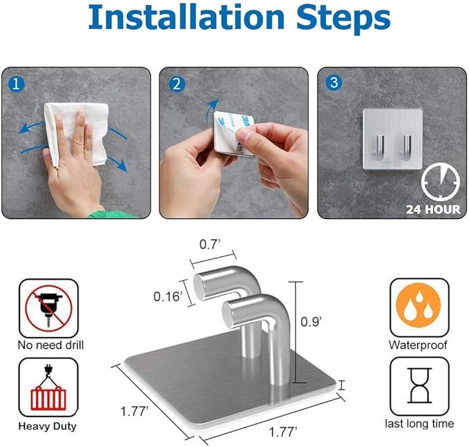 Adhesive Hooks, Stainless Steel Razor Holder Towel Hook for Bathroom, Heavy Duty Wall Hanger, Waterproof Anti-Skid Double Hanging Robe Hook 4-Pack