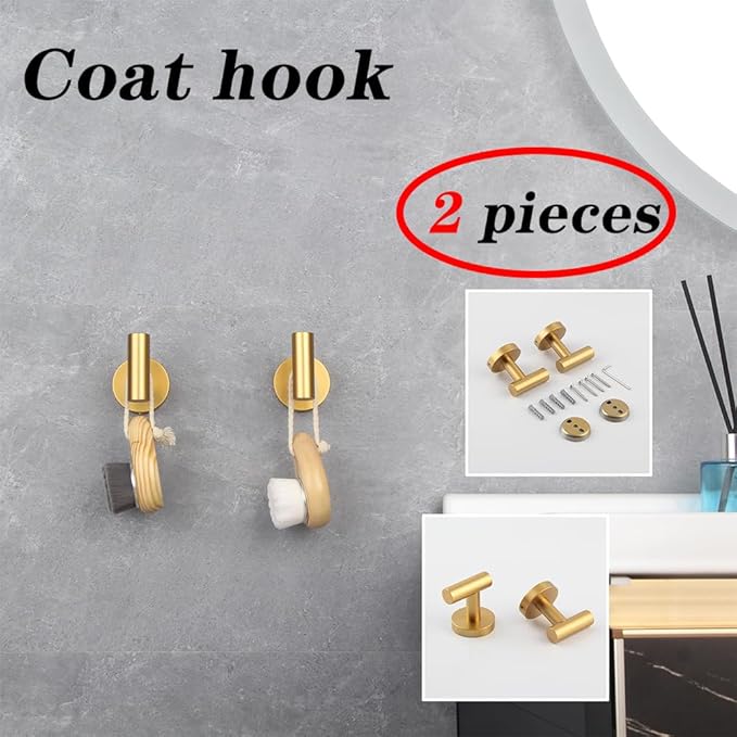 GERZWY SUS 304 Stainless Steel Gold Coat Hook Bathroom Single Towel/Robe Clothes Hook for Bath Kitchen Wall Mounted 2 Pack AG1107B-BE